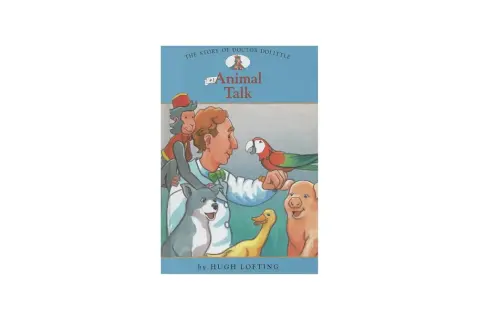 Ilustracja z książki "Doktor Dolittle" przedstawiająca doktora otoczonego przez zwierzęta: małpę, papugę, psa, kaczkę i świnkę.