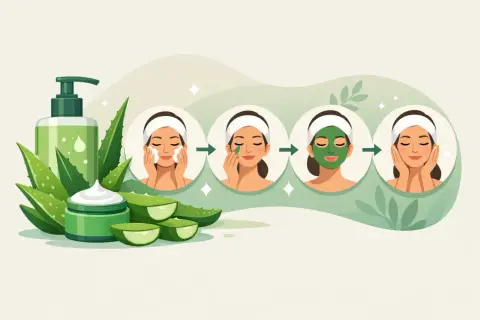 Ilustración muestra cómo aplicar aloe vera en la piel: limpieza, aplicación de mascarilla y cuidado final.