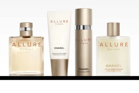 Zestaw kosmetyków Chanel Allure Homme: woda toaletowa, balsam po goleniu, spray i lotion.