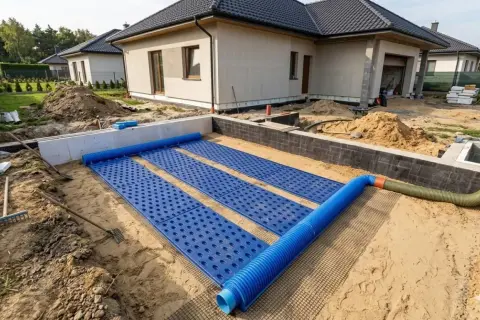 Budowa domu z fundamentami i instalacją gruntowego wymiennika ciepła. Niebieskie maty z otworami i rury tworzą system.