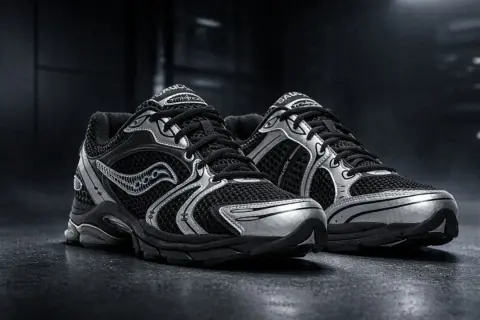 Paire de baskets noires et argentées Saucony Progrid, prêtes pour la course.