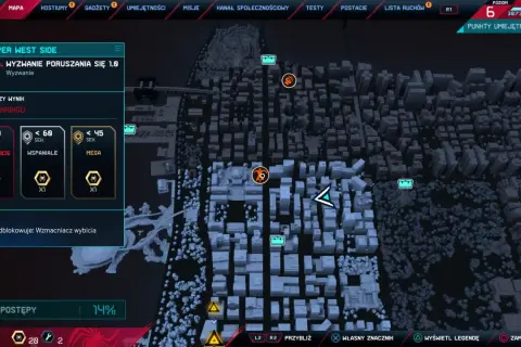Mapa z gry Spider-Man Miles Morales, pokazująca wyzwanie poruszania się. Gracz dąży do zdobycia platyny, osiągając najlepsze wyniki.