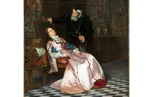 En äldre man med skägg står över en sovande kvinna i en stol. Kvinnan, som kan vara Katarina av Sachsen-Lauenburg, bär en rosa klänning.