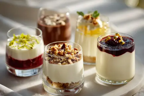 Fem olika dessert i glas, med bär, nötter och frukt. En fest för ögat och gommen.