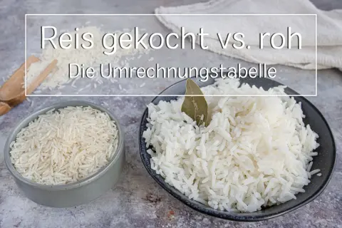 Reis gekocht vs. roh: 100 Gramm ungekochter Reis ergeben etwa 250-300 Gramm gekochten Reis. Hier die Umrechnungstabelle.