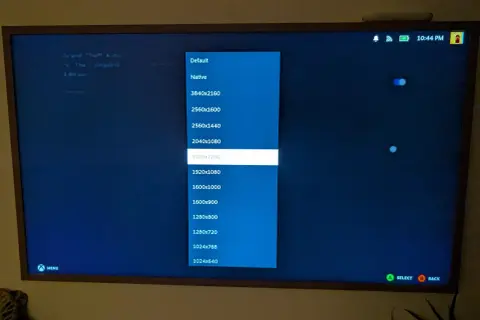 Ekran telewizora z menu wyboru rozdzielczości gry, podświetlone 1920x1200.