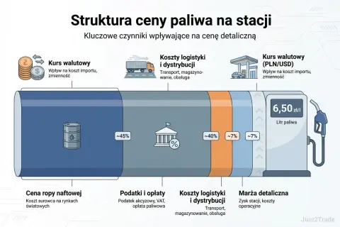 Struktura ceny paliwa: ropa (45%), podatki (40%), logistyka (7%), marża (7%). Kurs walutowy wpływa na koszt importu.