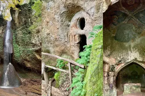 Cascata e grotte scavate nella roccia, tra cui un ingresso con decorazioni e un interno affrescato, nel suggestivo eremo di Poggio Conte.