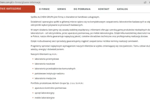 Opis firmy ALCHEM GRUPA: kompleksowe zaopatrzenie laboratoriów w sprzęt, odczynniki i meble. Oferta dla laboratoriów przemysłowych, naukowych, medycznych.