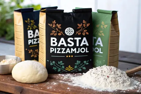 Bästa pizzamjöl för hemmabakat bröd. En degboll och mjöl på en träskärbräda framför tre mjölpåsar.