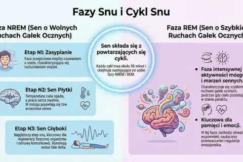 Ilustracja wyjaśnia, jak działają sny, pokazując fazy NREM i REM. Sen składa się z cykli, które trwają ok. 90 minut.