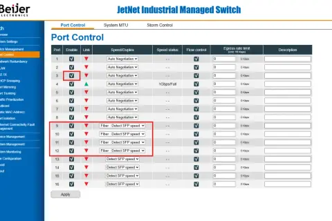 Konfiguracja switcha: Port Control. Widoczne ustawienia portów 1-16, w tym prędkość, status i kontrola przepływu. Porty 9-12 mają ustawioną prędkość "Fiber: Detect SFP speed".