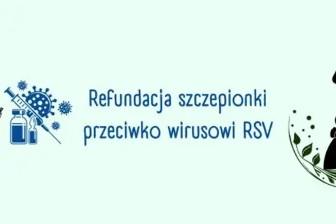 Grafika informuje o refundacji szczepionki przeciw wirusowi RSV. Widoczny lekarz, strzykawka, fiolki i sylwetka kobiety w ciąży.