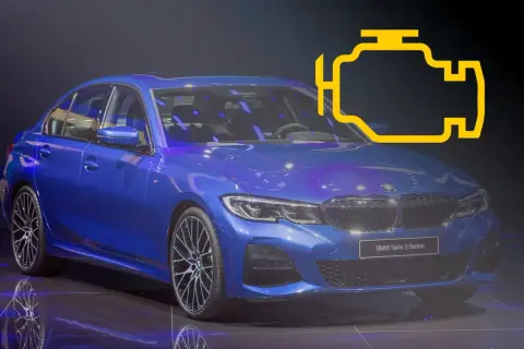 Niebieskie BMW Seria 3 z ikoną silnika, sugerującą błąd DTC 4587 BMW.