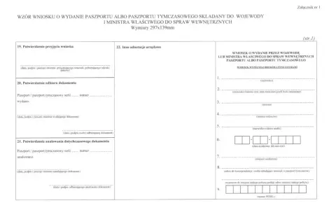 Wniosek na paszport lub paszport tymczasowy. Formularz urzędowy do wypełnienia danymi osobowymi, w tym nazwiskiem, imieniem, datą urodzenia i adresem.