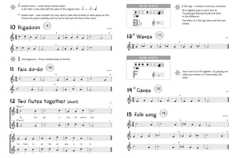 Fragment muzyki na flecie z zapisem nutowym, instrukcjami i diagramami palcowania.