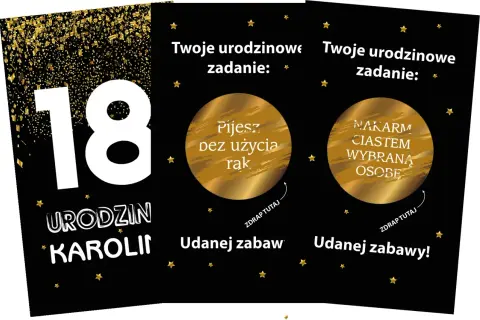 Złote karty z zadaniami na 18 urodziny Karoliny: "Pijesz bez użycia rąk" i "Nakarm ciastem wybraną osobę". Udanej zabawy!