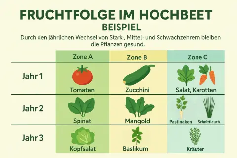 Jahresplan für das Hochbeet: Tomaten, Zucchini, Salat, Karotten, Spinat, Mangold, Pastinaken, Schnittlauch, Kopfsalat, Basilikum, Kräuter.