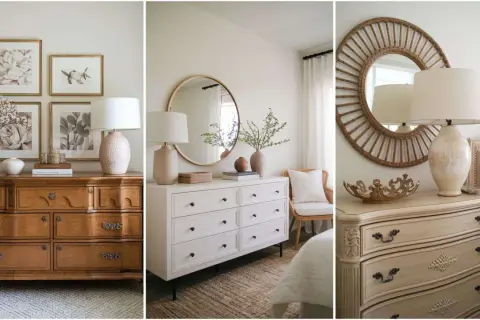 Tips on how to style a dresser top with lamps, art, and decorative objects for a chic bedroom.