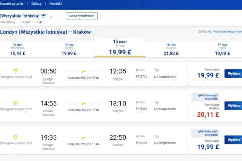 Ryanair: gdzie kupić bilet? Widok lotów z Londynu do Krakowa na 15 marca, ceny od 19,99 £.