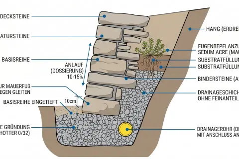 Schnittzeichnung einer Trockenmauer: Natursteine, Substratfüllung, Drainagerohr und Fugenbepflanzung.