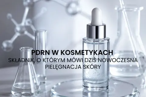 PDRN w kosmetykach: składnik, o którym mówi dziś nowoczesna pielęgnacja skóry. Serum w butelce z pipetą, probówki i kolby laboratoryjne.