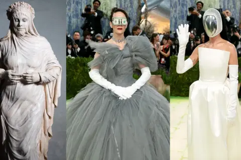 Statua velata, donna con banconote sugli occhi e figura con maschera argentata: ecco cos'è il Met Gala, un evento di moda e arte.