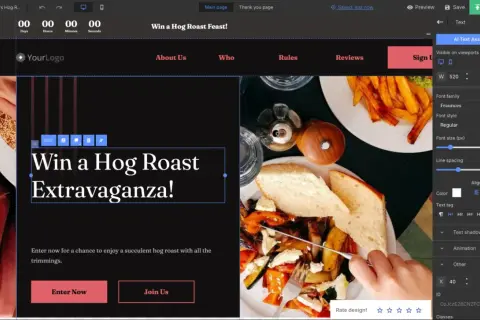 Diseño de landing page: "Win a Hog Roast Extravaganza!". Edición de texto, diseño y opciones de publicación.