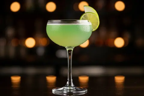 En grön p2 drink i ett coupeglas, garnerad med lime och äpple, står på en mörk bardisk med bokeh-ljus i bakgrunden.
