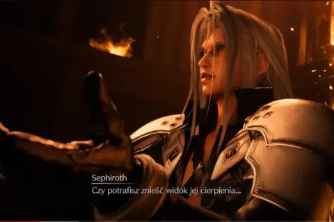 Sephiroth w Final Fantasy VII Remake Intergrade spolszczenie pyta o cierpienie. Płomienie w tle.