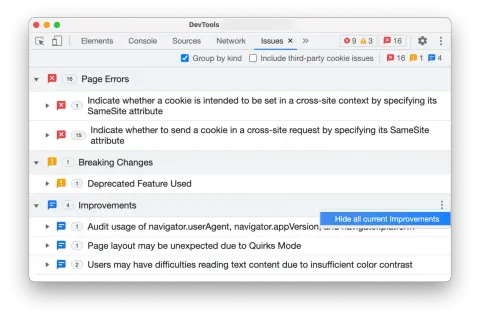 DevTools Issues: błędy ciasteczek, zmiany, ulepszenia. To okno pokazuje, co to są devtools i jak działają.