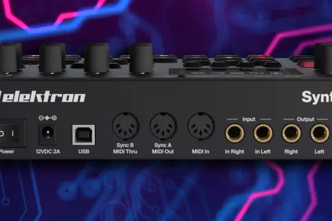 Elektron Syntakt mit Anschlüssen für Strom, USB, MIDI und Audio-Outputs. Perfekt für elektronische Musikproduktion.