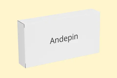 Białe pudełko z napisem "Andepin" na jasnym, żółtym tle.