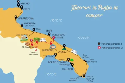 Mappa itinerari in camper in Puglia sud, da Peschici a Santa Maria di Leuca, con tappe a Bari, Alberobello e Gallipoli.