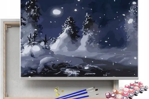 Malarstwo realistyczne pejzaż nocny, zimowy. Śnieg pada, księżyc świeci na ciemnym niebie.