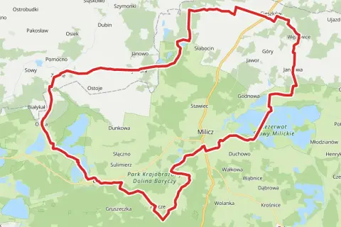 Mapa z zaznaczoną trasą rowerową wokół Stawów Milickich.