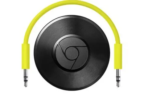 Black Chromecast device with a yellow audio cable. Troubleshooting chromecast no audio issues? This device might be the culprit.