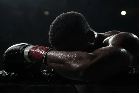 A boxer rests his head on the ropes, sweat glistening. He hopes the judges don't call a draw, as that means no clear winner.