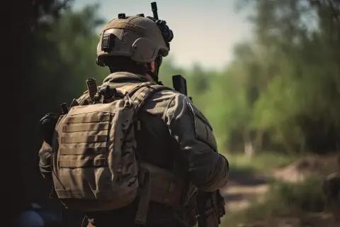 Soldado con casco y equipo táctico, incluyendo mochilas tácticas, camina por un sendero boscoso.