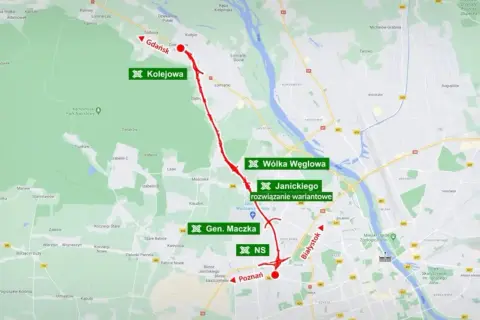 Mapa przedstawia trasę S7 Warszawa - Gdańsk, zaznaczoną na czerwono, z kluczowymi punktami jak Gdańsk, Kolejowa, Wólka Węglowa i Gen. Maczka.