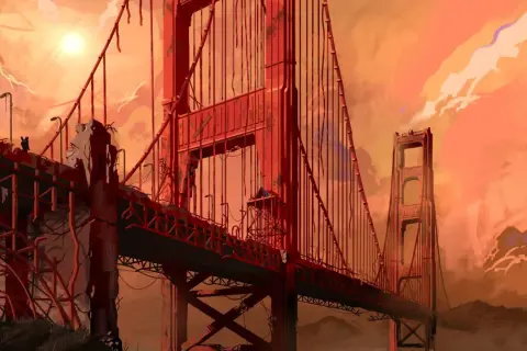 Zniszczony Most Golden Gate w postapokaliptycznym świecie, jak w **Fallout 2 remake**. Słońce przebija się przez pomarańczowe chmury.