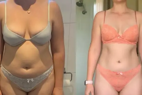 Vorher/Nachher-Vergleich einer Frau mit endomorphem Körperbau, die durch Training und Ernährung ihre Figur verändert hat.