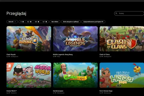 Gry Google Play na PC: Clash Royale, Mobile Legends, Clash of Clans, Avatar World, Gardenscapes, Farm Heroes Saga.