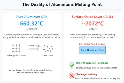Porównanie temperatury topnienia aluminium (660°C) i jego warstwy tlenkowej (2072°C), która zapewnia odporność na korozję, ale utrudnia spawanie.