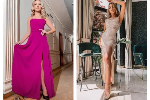 Elegancka kobieta w długiej, **sukience fuksja** z rozcięciem. Obok druga modelka w błyszczącej, złotej kreacji.