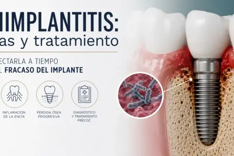 Ilustración de periimplantitis, mostrando la inflamación y pérdida ósea alrededor de un implante dental, indicando problemas comunes.