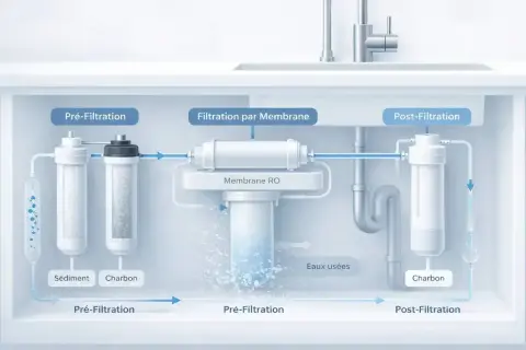 Schéma d'un osmoseur montrant les étapes de pré-filtration, filtration par membrane RO et post-filtration pour une eau pure.