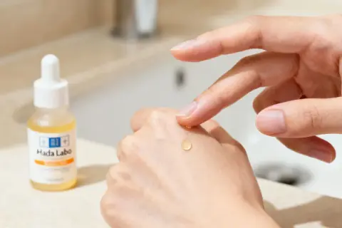 Una goccia di vitamina c siero a cosa serve? Illumina e idrata la pelle, applicata con cura su una mano.