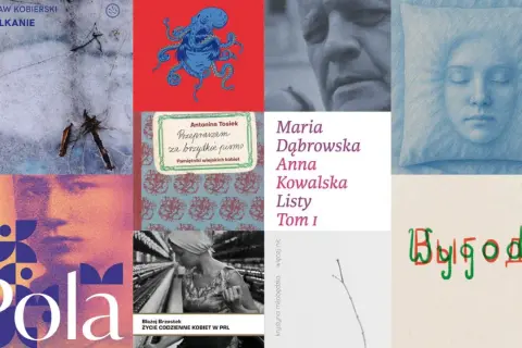 Kolaż okładek książek, w tym dzieła najsłynniejszych polskich poetek, jak Maria Dąbrowska i Anna Kowalska.