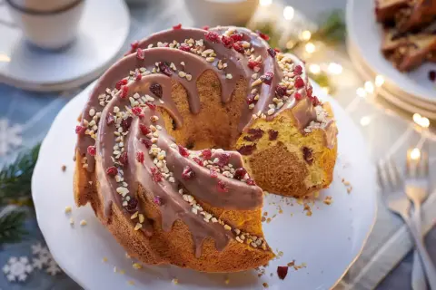 Ein köstlicher Apfel Zimt Gugelhupf mit Schokoladenglasur, Nüssen und Cranberries, bereit zum Genießen.